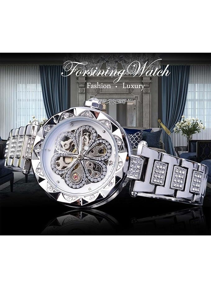 FORSINING Women Automatic Mechanical Watches Skeleton Steampunk Watch with Diamond and Carving Flower Craft Cold Watch for Women Minimalist Retro Design Mechanical Skeleton Wrist Watch - Image 2